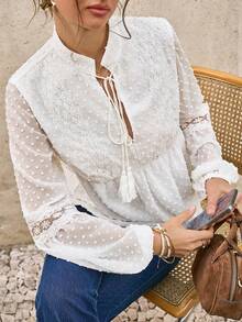 SHEIN LUNE Blouse bohème à manches longues évasées, col V, en patchwork de dentelle et de mousseline de soie à pois jacquard français, pour femmes, printemps/automne - Blanc - Voir 3