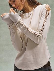 Bohemela Camiseta de manga larga de punto de cuello redondo de unicolor casual y ajustada para mujer, otoño/invierno - Albaricoque - Ver 2