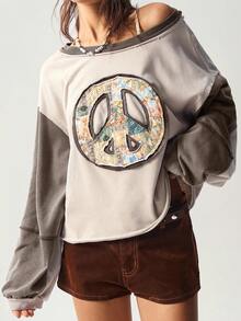 Bohemela Hanorac casual tricotat cu model patchwork, guler rotund, croială lejeră, mânecă lungă, pentru femei, toamnă/iarnă