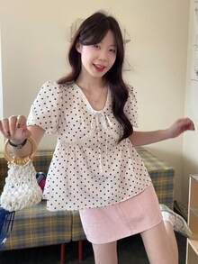 DAZY Áo kiểu nữ tay phồng phối ren chấm bi, phong cách Hàn Quốc, thích hợp cho mùa xuân/hè. - Màu be - Xem 5