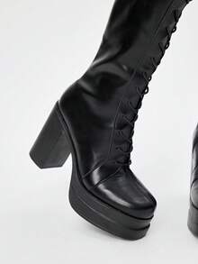 ROMWE Goth Women's Fashion Lace-Up Waterproof Platform Thick High Heel Over-The-Knee Boots Valentine's Day - Black - View 2