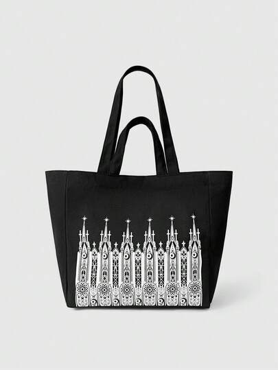 ROMWE Goth Heart Print Solid Color Canvas Tote Bag, Lightweight Shopping Bag, Suitable For Strolling, Travel, Large Capacity, Foldable, Fashionable Gift, Autumn/Winter