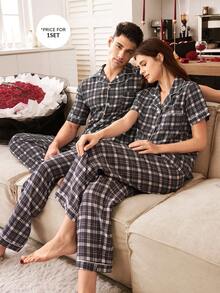 SHEIN 格子印花翻领男士睡衣套装 - 彩色 - 查看 3