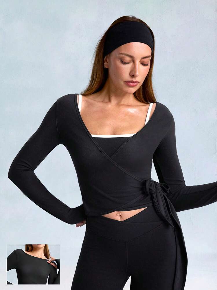 FeatherFit™ Split Decision 2-In-1 Reversible Wear Buttery-Soft Stretchy Sweat-Wicking Tie-Waist Long Sleeve Top Yoga Pilates Studio Daily Casual
