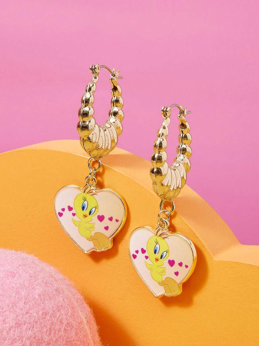LOONEY TUNES X SHEIN 1 Pair Zinc Alloy Cartoon Pattern Earrings, Striped Iron Plate Welded, Luxury Niche, Simple Fashionable Cute Generous, Suitable For Various Parties, Concerts, Festivals - Gold - View 1