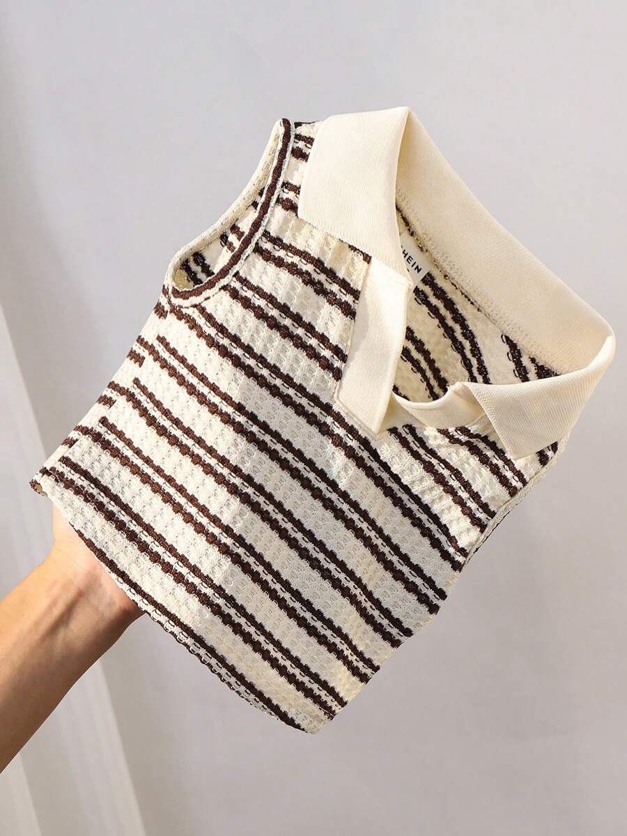 SHEIN 女婴可爱夏季百搭条纹无袖Polo衫 - 咖啡棕 - 查看 1