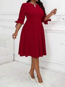 SHEIN Lady Frühlings- und Sommer-, Herbst- und Winterelegante Party-, Pendler-, Hochzeits-, Valentinstags-, Cocktailparty-, Büro-Rotes gestricktes Kleid mit rundem Ausschnitt, Ballonärmeln, Schleife und Midi-Länge, Dreiviertelärmel, Große Größen, Neujahrs-Outfit, Urlaubskleidung, Urlaubskleid, Silvesterparty-Kleid, Silvesterkleid, Silvesterparty-Kleid - Bordeaux - Übersicht 6
