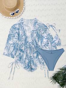 Swim Lushoire Swimsuits For Woman Summer Beach 3packs Random Tropical Print Halter Drawstring Side Bikini - Baby Blue - View 4