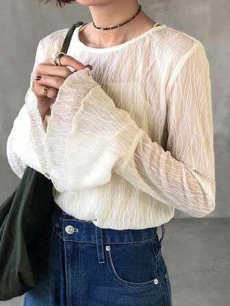 FRIFUL Blusa casual versátil con cuello redondo, manga larga, puños acampanados y textura de malla transparente