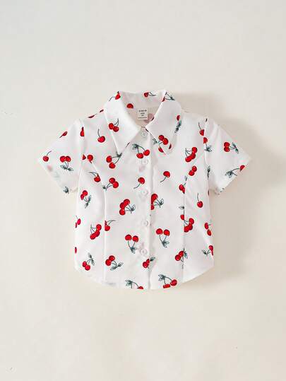 Maija Kids Young Girl Fruit Print Collared Short Sleeve Button-Up Shirt