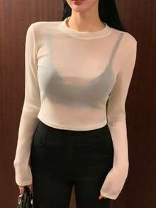 DAZY 女士时尚性感透视修身长袖短款T恤度假装 - 杏色 - 查看 3