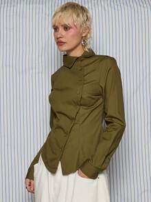 COUREZ 短袖不对称修身条纹衬衫 / Y2K 秋冬外出穿搭 女装 冬季女装 夜店装 性感外出上衣 休闲优雅新年装 - 軍綠色 - 查看 5