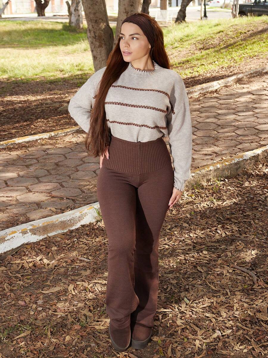 Lupita Cardoza Minimalist Commute & Homewear Apricot High Waist Body-Con Flared Leg Knit Pants For Young Women In Fall/Winter - Coffee Brown - View 1