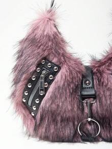 ROMWE Grunge Punk Túi xách nữ, túi đeo vai, túi hobo, giả lông thú, lông xù, túi nhung, đinh tán, thời trang, cá tính, đa năng, phong cách đường phố, dành cho các cô gái ngọt ngào và cá tính, các cô gái sành điệu, phong cách punk, Y2K, dùng hàng ngày, mùa thu và mùa đông (mẫu ngẫu nhiên) - Hồng - Xem 3