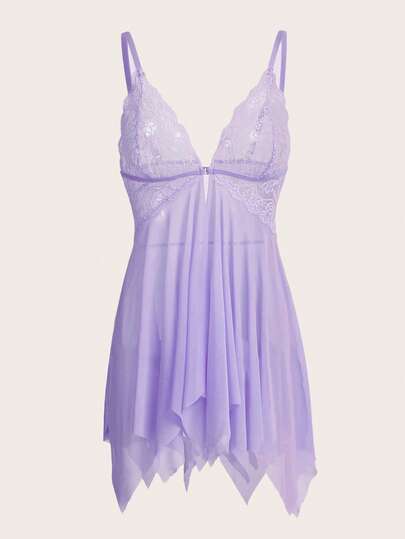 Kawaii Plus Size Cute & Sexy Lace Mesh Babydoll Dress & G-String Set