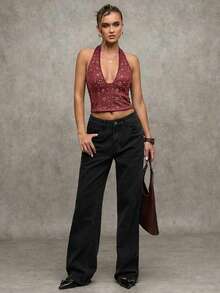 SHEIN BAE Women's Sexy Fashion Rivet Decor Backless Halter Neck Fitted Crop Top, Summer - Burgundy - View 4