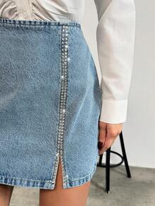 EURMUSE Women Elegant Fashionable High Waist Side Slit Rhinestone Mini Skirt Rhinestone Denim Skirt Denim Mini Skirt Blue Light Blue Denim Skirt Work Casual Jeans Skirt Jean Skirt Light Blue Skirt Mini Denim Skirt Y2k Skirt - Medium Wash - View 5
