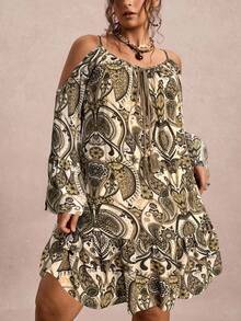 Freevana Plus Size Cold-Shoulder Spaghetti Strap Flare Sleeve Vintage Dress - Apricot - View 6