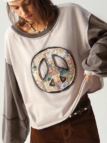 Bohemela Hanorac casual tricotat cu model patchwork, guler rotund, croială lejeră, mânecă lungă, pentru femei, toamnă/iarnă