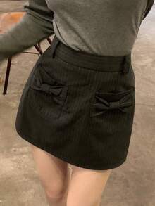 DAZY 女士条纹韩式蝴蝶结腰带休闲A字裙