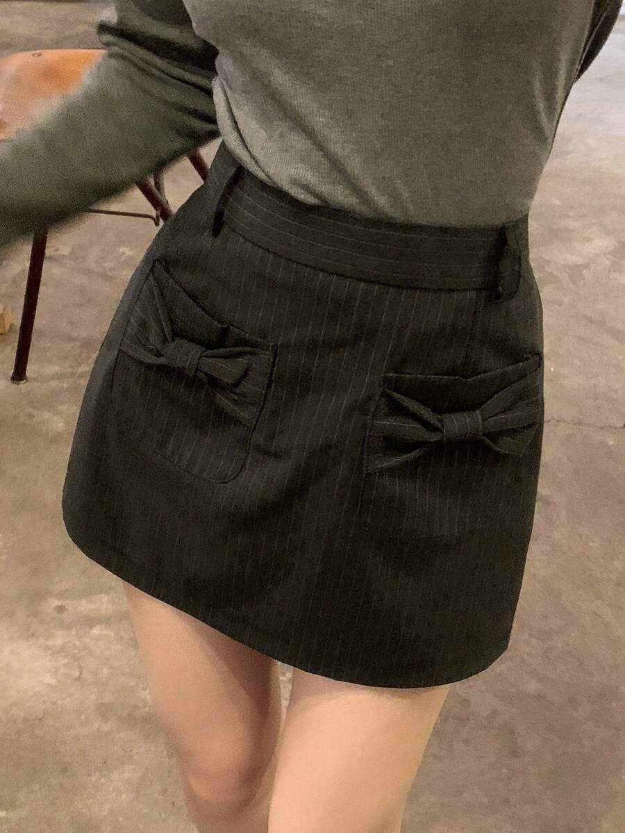 DAZY 女士条纹韩式蝴蝶结腰带休闲A字裙