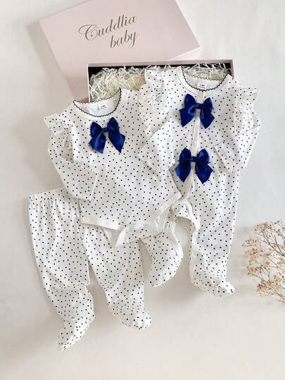 3件套新生儿简约俏皮黑色波点蝴蝶结装饰圆领长袖连体衣，舒适家居服套装