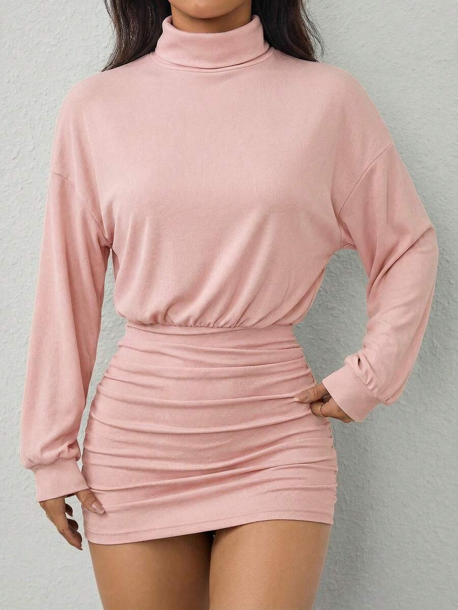 SHEIN PETITE Đầm ôm dáng xếp ly cổ cao, vai rớt