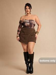 SHEIN BAE Plusstorlek Dam Enfärgade Asymmetriska Fållar A-linjeformade Corduroy Skorts - Kaffebrun - Visa 2