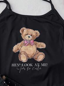 SHEIN Teen Girls Casual Slim-Fit Camisole Top And Shorts Pajama Set, Suitable For Summer - Black - View 5