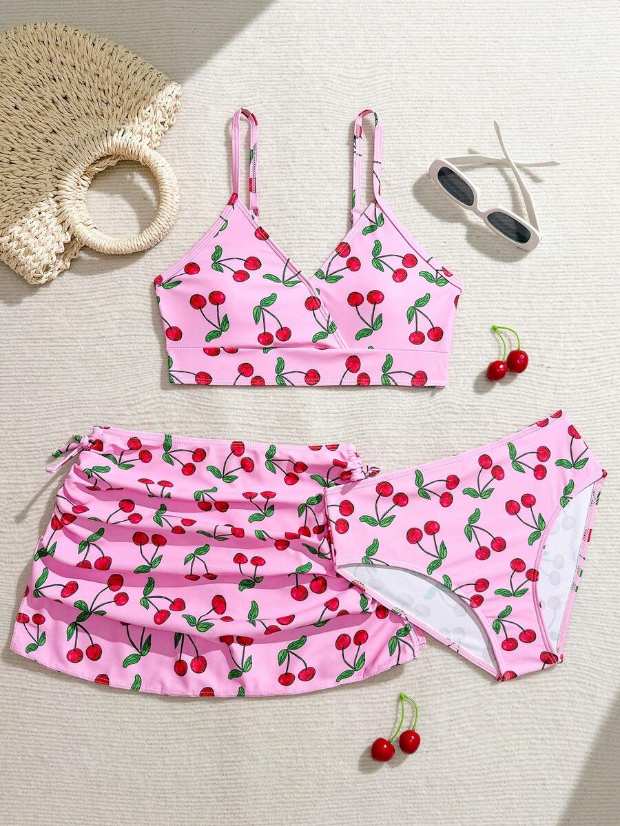 SHEIN Tween Girl Floral & Leopard Print Spaghetti Strap Tankini Bikini Set With Skirt,3 Pieces Set,Pink,Summer,Cute,Beach,Holiday Cheetah Teens Swimwear - Pink - View 1