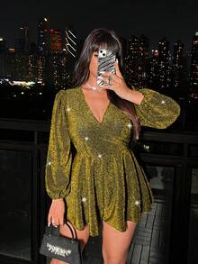 Viva Relle Plus Size V-Neck Long Sleeve Jumpsuit With Wide Legs - Gold - View 6