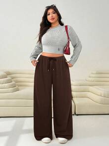 Solflare 大码女式休闲纯色阔腿裤，秋冬季 - 棕色 - 查看 4