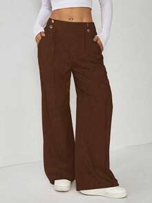 SHEIN EZwear 大码优雅休闲金属双扣直筒办公裤，秋冬款 - 棕色 - 查看 1