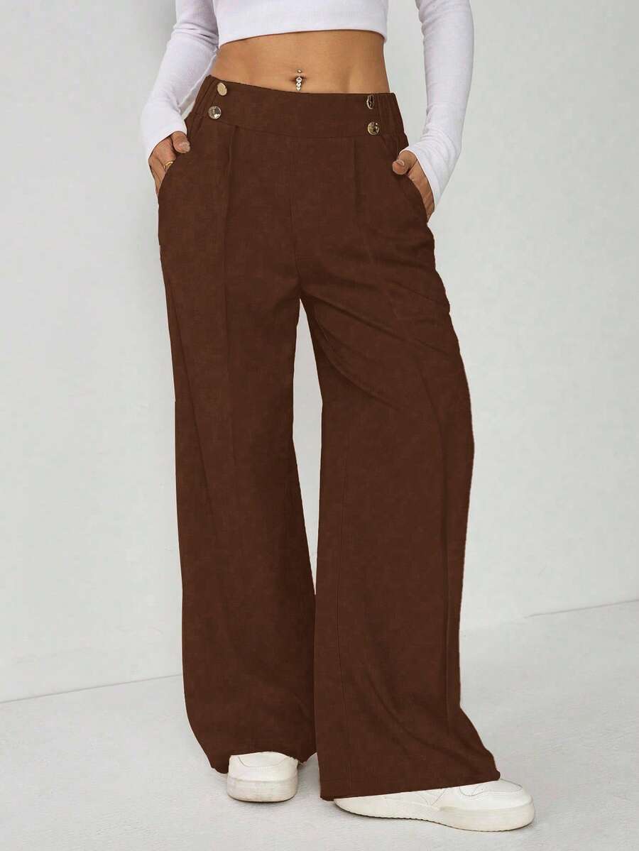 SHEIN EZwear 大码优雅休闲金属双扣直筒办公裤，秋冬款 - 棕色 - 查看 1