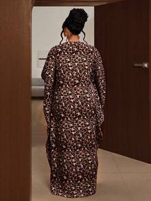 Maweii 褶皱金属装饰豹纹大码长袖休闲连衣裙，适合春、夏、秋、冬四季穿着，优雅派对礼服，适合圣诞节、感恩节、休闲、约会之夜等场合。 - 棕色 - 查看 2