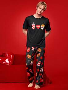 Notgurli Men's Simple Print Round Neck Short Sleeve Top And Pants Pajama Set - Multicolor - View 3