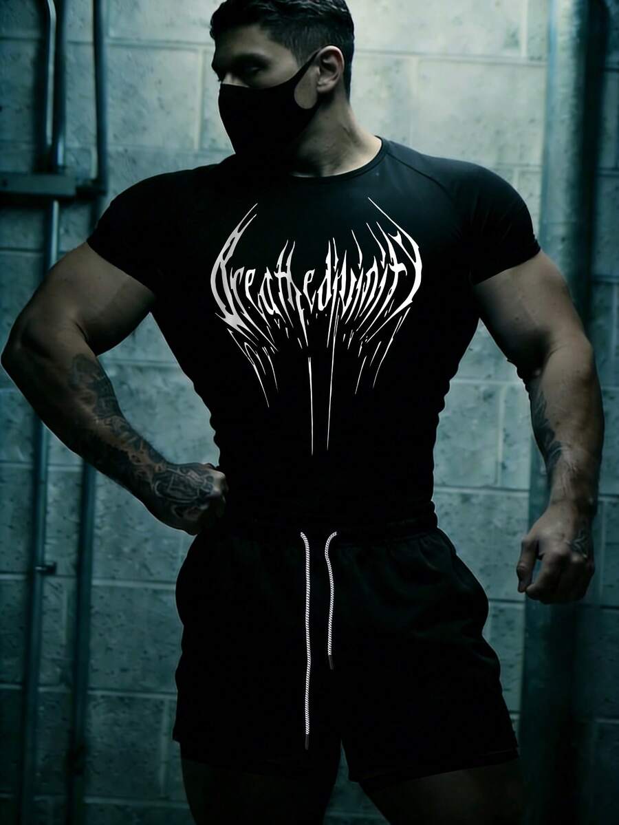 Manfinity Sport PWRUP Men's Letter Print T-Shirt And Shorts Sports Suit Gym Dress For Men Gym T Shirts Men Gym Set Workout Set Compression Shirt Men - Black - View 1