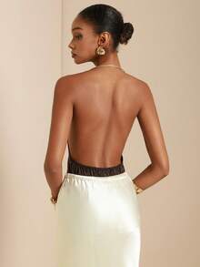 SHEIN Veneréa Women's Solid Color Metal Ring Halter Neck Ruched Backless Sexy Blouse - Brown - View 2