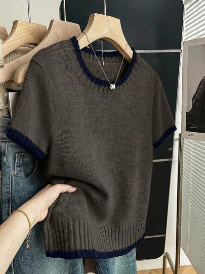 SHEIN Franclia เสื้อถักผู้หญิง คอกลม แขนสั้น สีตัดกัน แบบเรียบง่าย สไตล์มินิมอล เหมาะสำหรับฤดูร้อน