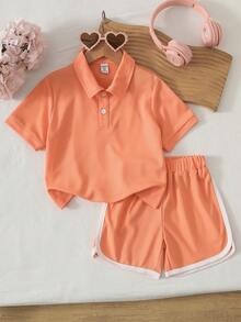 SHEIN Explorewe 2pcs/Set Young Girl Minimalist Sporty Light Pink Summer Orange Short-Sleeve Knit Polo Shirt & Color-Block Athletic Shorts Set,School Sports Outings - Orange - View 5