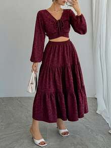 DAZY Women's Cashew Pattern Front Drawstring Lantern Sleeve Cropped Top And Skirt 2 Pieces Set Valentine's Day - Pink - View 7