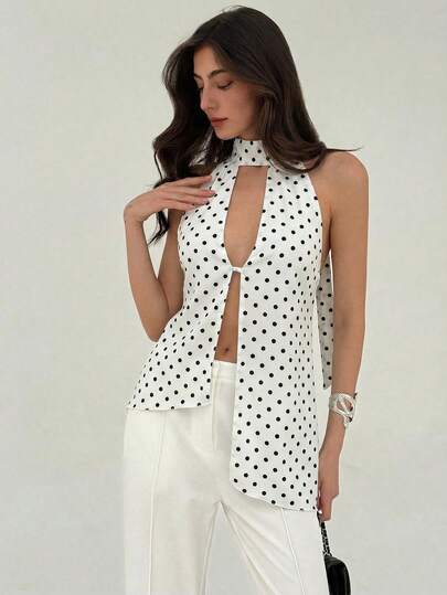 Aloruh Women's Polka Dot Halter Neck Hollow Out Asymmetrical Hem Fashionable Versatile Date Party Top,Elegant Blouses For Women,Sexy Top Women,Summer Top,Patrick's Day Women,Elegant Blouses For Ladies,Polka Dot Top