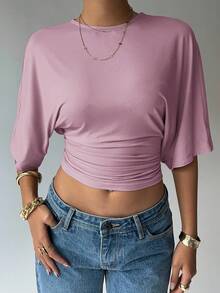 Aloruh 女士纯色圆领蝙蝠袖褶裥短款休闲T恤 - 紫羅蘭色 - 查看 3