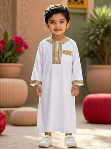 男童缎带设计纽扣口袋长袖宽松长衬衫 - 白色 - 查看 3