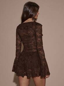 SHEIN BAE Women's Sexy Elegant Elegant Vacation Style Deep V-Neck Ruffle Sleeve Sheer Lace Mini Dress, Spring/Summer/Autumn - Coffee Brown - View 2