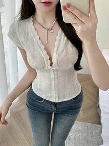 K-Vae Spring/Summer New Vacation Style Patchwork Lace Waist Buttoned Low Collar Sexy Blouse - White - View 1
