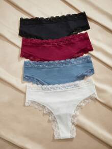 NudeFit 4pcs/Set Sexy Lace Trim Women's Thong Panties, All Season - Multicolor - View 5