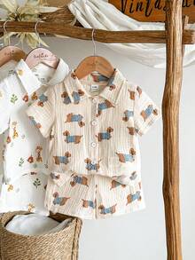 SHEIN Vintaside Kids Baby Boy Short Sleeve Textured Fabric Sausage Dog Graphic Casual T-Shirt Set - Apricot - View 1