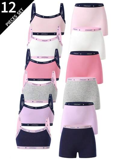 Sparklyn Set de 6 piezas de ropa interior de algodón de unicolor simple con camiseta y calzoncillos para niñas