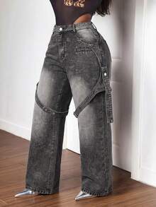 Slaydiva Plus Size Faded Fashion Wide Leg Jeans - Black - View 3